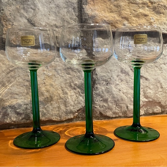 Vtg Emerald Green Stemmed Wine Glasses Cristel D' Arques Luminarc France Set 3 - Picture 5 of 6